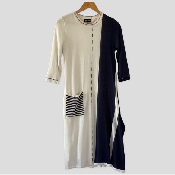 Marlowe White/ Navy Knit Lined 3/4 Sleeve Asymmetric Midi Dress M - Picture 1 of 5